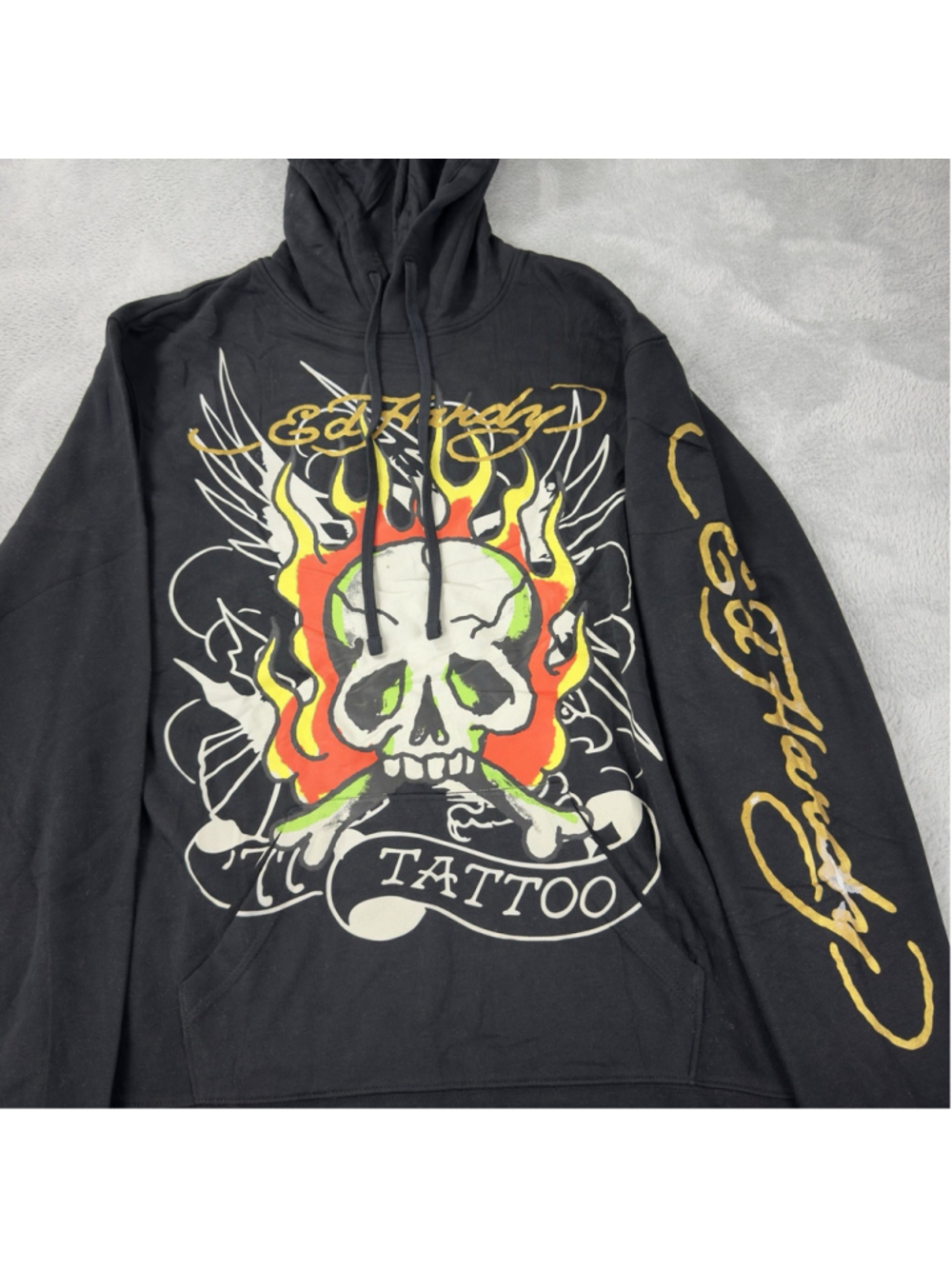 Ed Hardy Nwt Men’s Size Large Black Fleece Hoodie Fire Skull Pullover